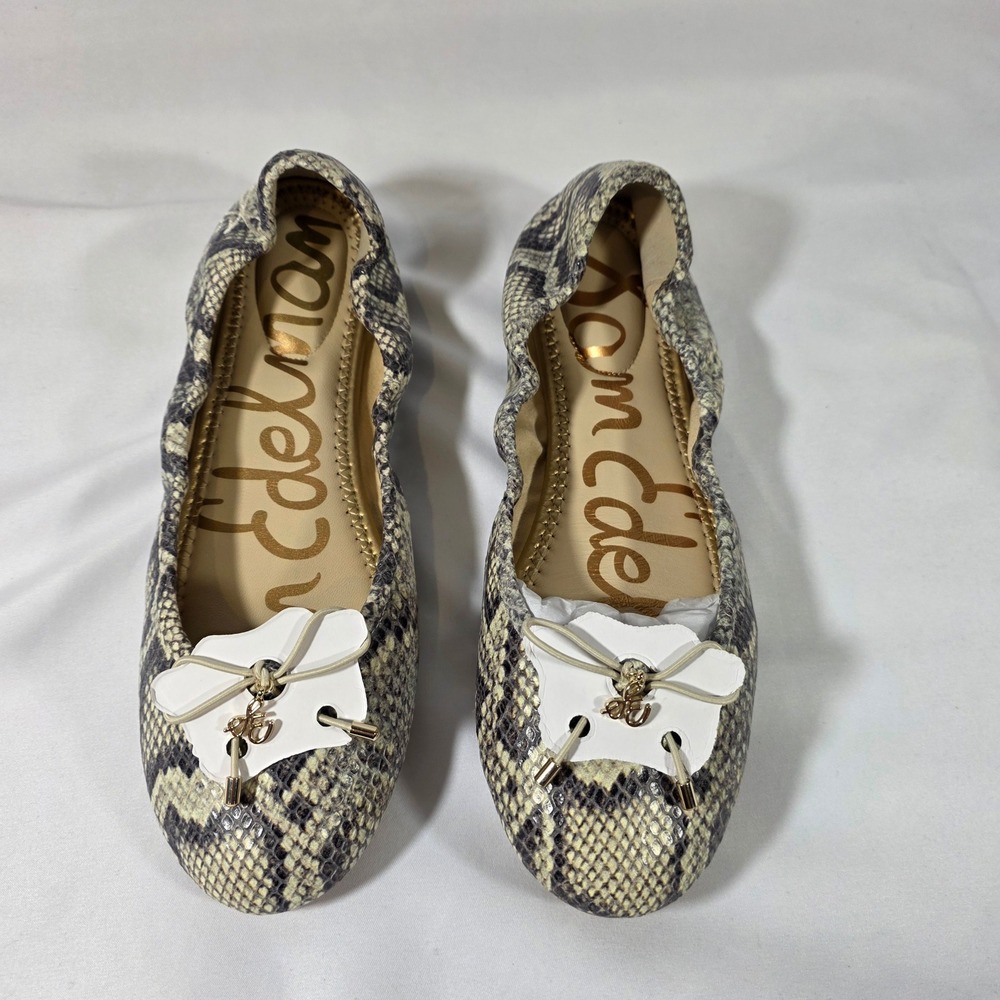 Sam Edelman Felicia Ballet Flats Grey Snakeskin Print Leather Bow NEW Womens 8